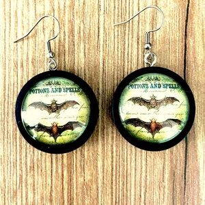 Bat Print Wood Earrings, Halloween Jewelry, Macabre, NWT, Unworn, Handmade